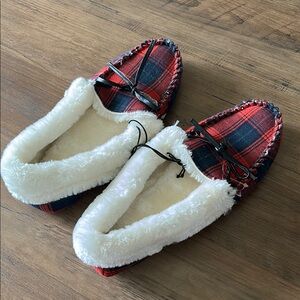 New Plaid Moccasin Slippers with Faux Fur Lining